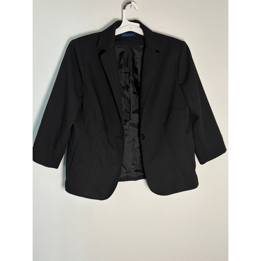 Karen Scott Black Textured Single Button Blazer Jacket Womens Size 12 3/4 Sleeve